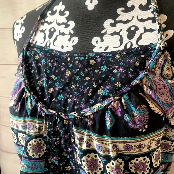 Paisley and Floral Black Purple Blue Halter Tank Top Ruffle Peplum Bottom - Picture 3 of 8